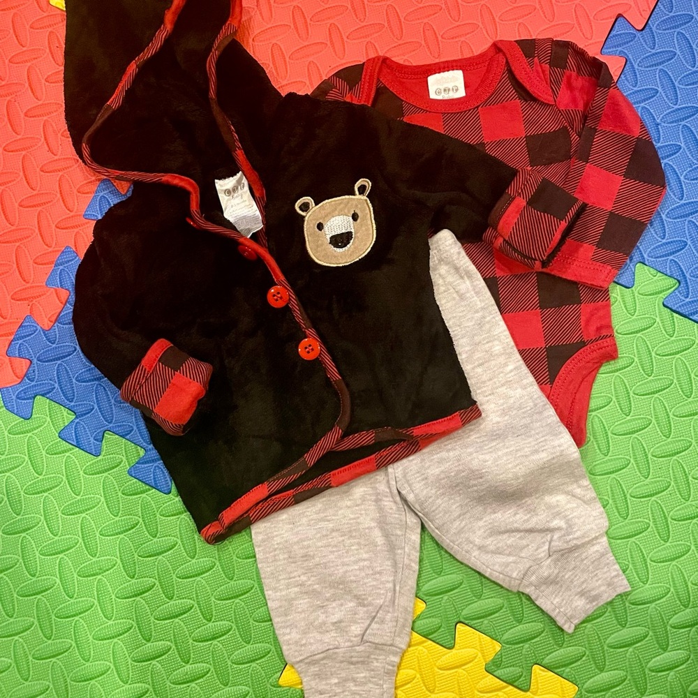 CJP Baby Black and Red Plaid Bear Hoodie Set
